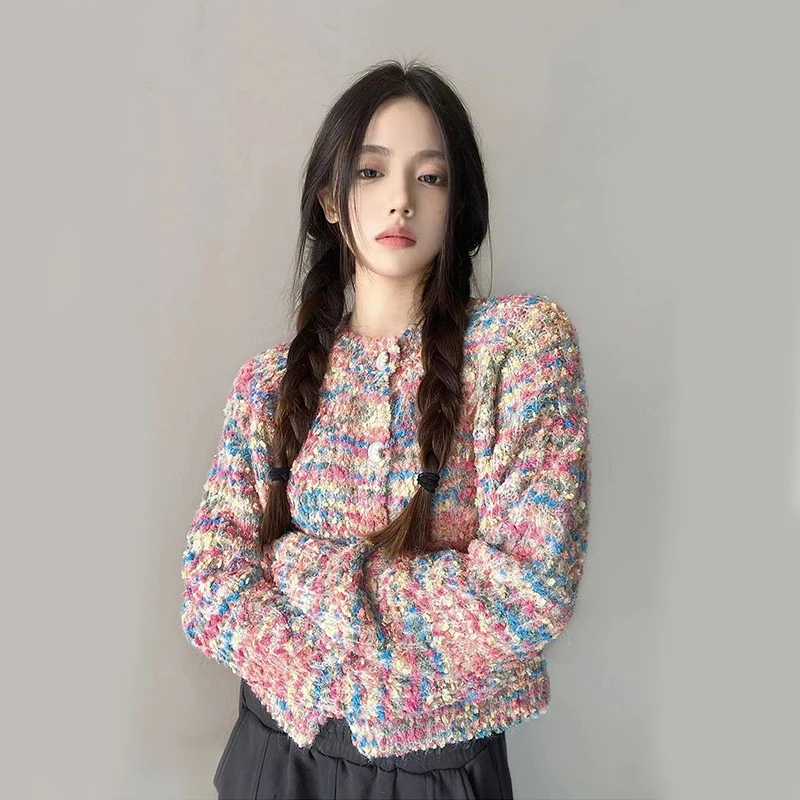 

Spring Sweet Rainbow Knitted Cardigan Women Y2K Harajuku O Neck Long Sleeve All-Match Sweaters Female Korean Loose Outwear