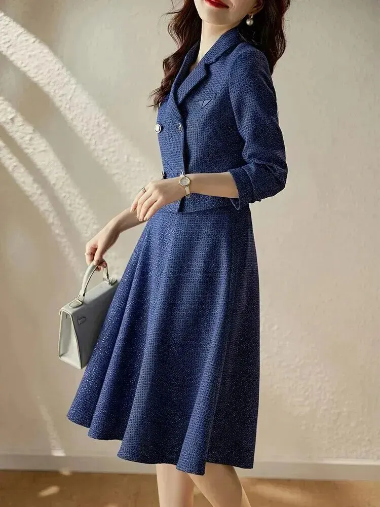 Women's Plaid Midi A Line Skirt Suits, Short Jacket, Coat, Elegant, Vintage, Office, Ladies, Fashion, Autumn, Winter, 2 Pcs Set