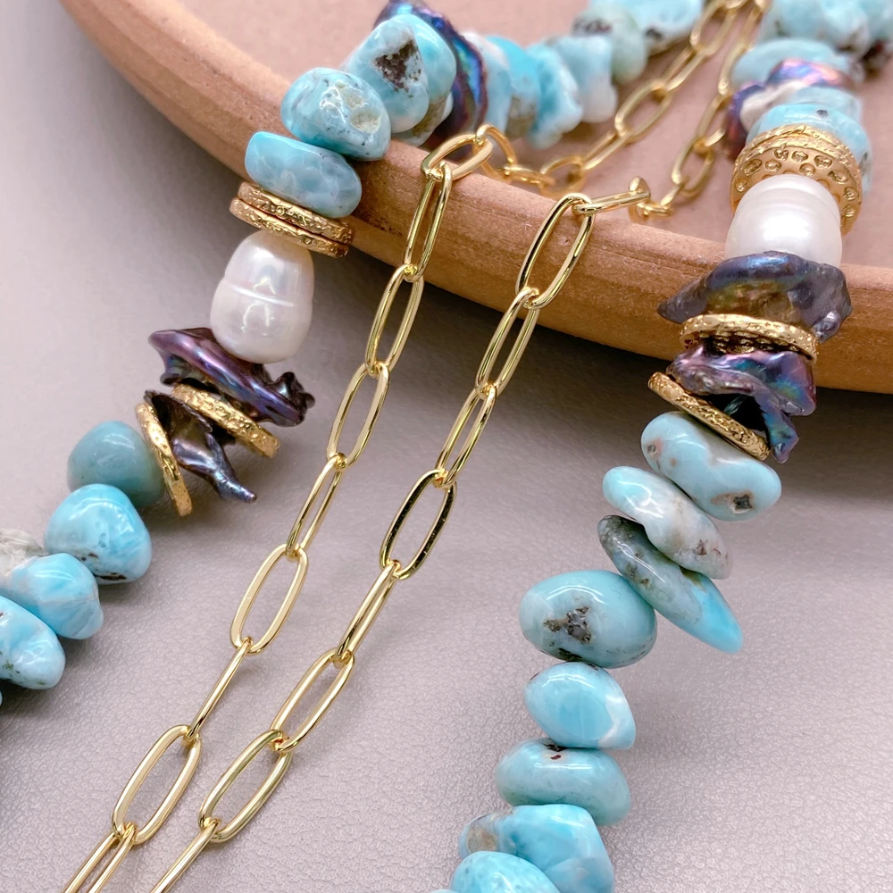 

KKGEM natural black keshi pearl CZ pave white square shell pendant freeform shape Blue Larimar gold plated chain Necklace