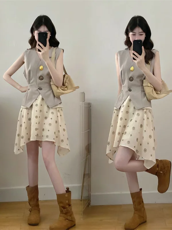 

plus Size Retro Set Summer Very Beautiful Sleeveless Vest Irregular Skirt Casual Style Breathable Loose Fit Summer Outfit