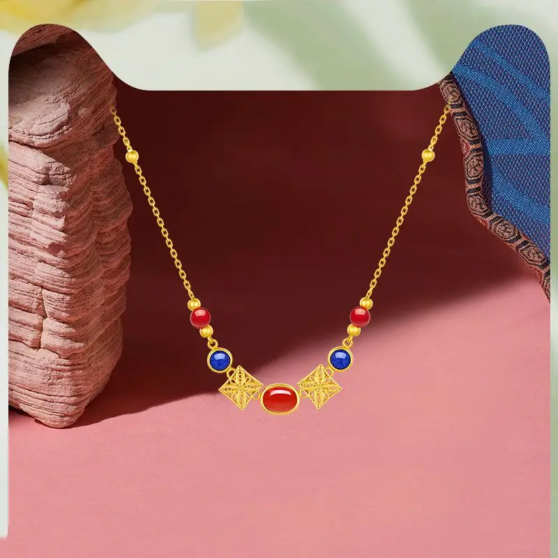 

Traditional Phoenix Gold Plated Collar Necklace Handmade Filigree with Blue Zirconia Elegant Luxury Fashion Jewelry for Women