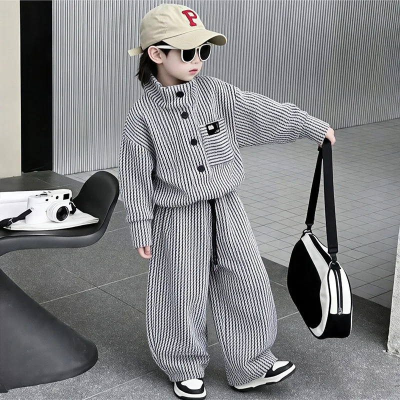 Autumn Outfit High Fashion Children's Clothing Turtleneck Sweatshirt+Pants 2pcs Suit for Boys and Girls Comfortable Stripes Set