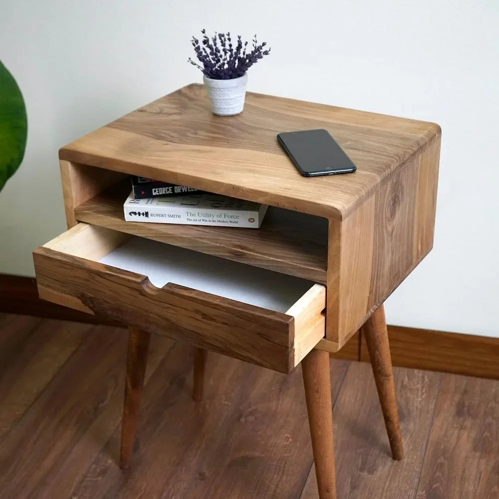 Premium Products Mid Century Nightstand with Drawer Solid Walnut Bedside Table