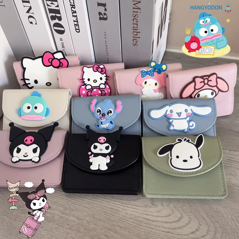

Popular Cartoon Sanrio Kt Kuromi Melody Stitch Small Wallet Pu Leather Three-Layer Large Capacity Small Card Bag High-End Gift