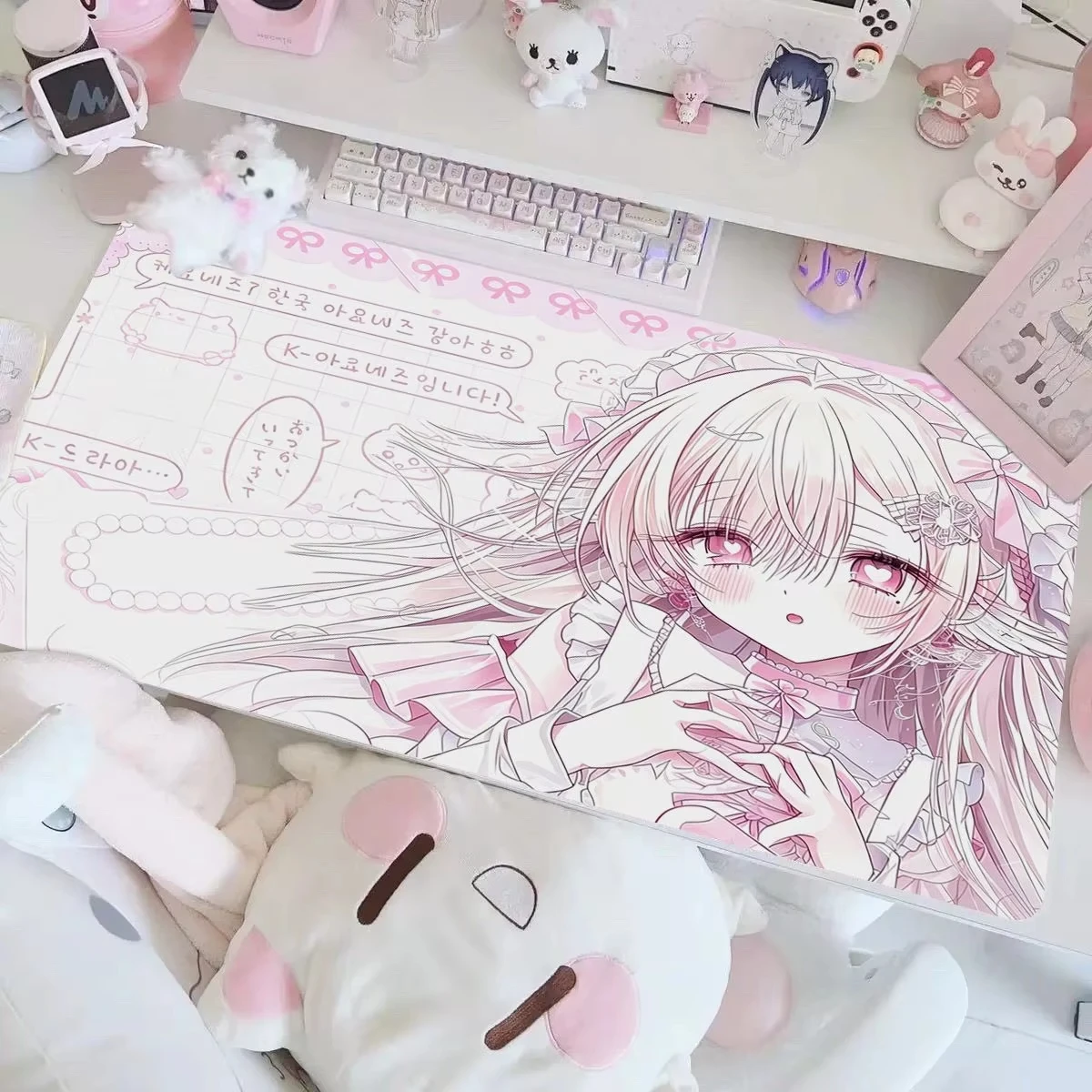 PU Leather Mouse Pad Cute Pink Bunny Lace Rabbit Girl Mouse Pad Kawaii Office Desk Mat Waterproof Non-Slip PU Desk Blotter Pad