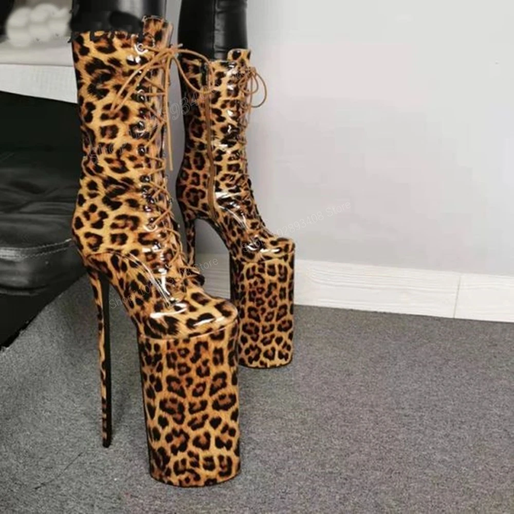 Leopard Pattern Platform Mid Calf Boots Cross Tied 30cm Stiletto High Heel Sexy Women Shoes 2024 Spring Zapatos Para Mujere