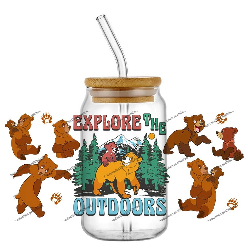 

Hot Sale 16oz Glass Cup Decal Disney Character Bear Stickers Waterproof DIY Custom Gift Wrap