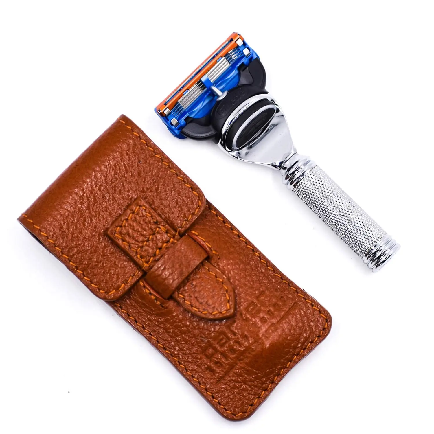 

Compact Travel Safety Razor with Leather Case, Compatible with Fusion Blades, Ergonomic Design for Men on the Go