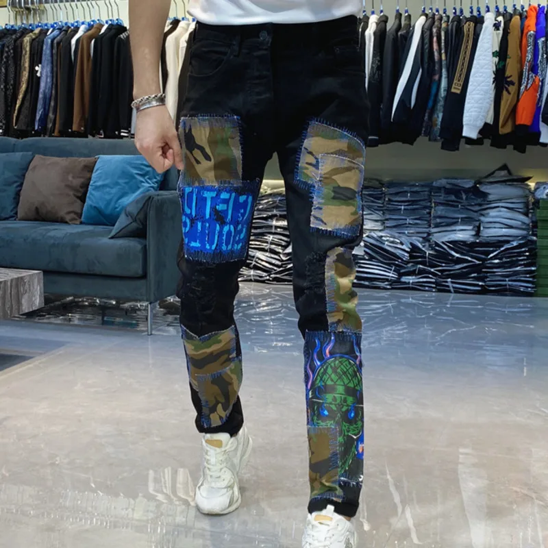 2023 Fall High Street Abstract Art Print Patchwork Jeans Camouflage Stitching Hip Hop Jeans Men Retro Blue Pants Beggar Jeans