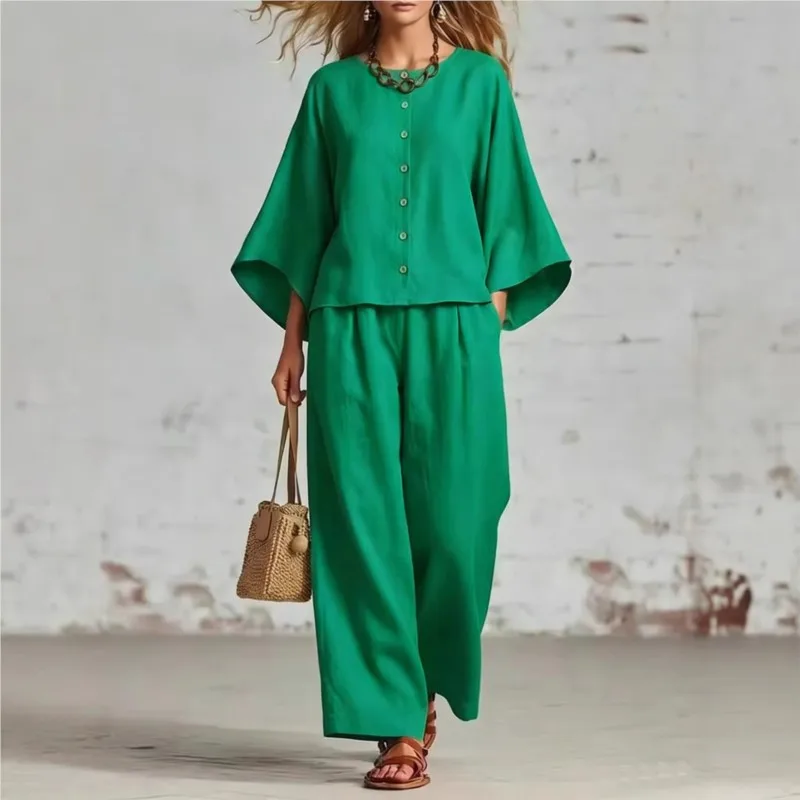 

Solid Color Streetwear Women's Spring Summer Fashion Button Decoration Design O-neck Top+pants Two-piece Set Lady Office Outfit