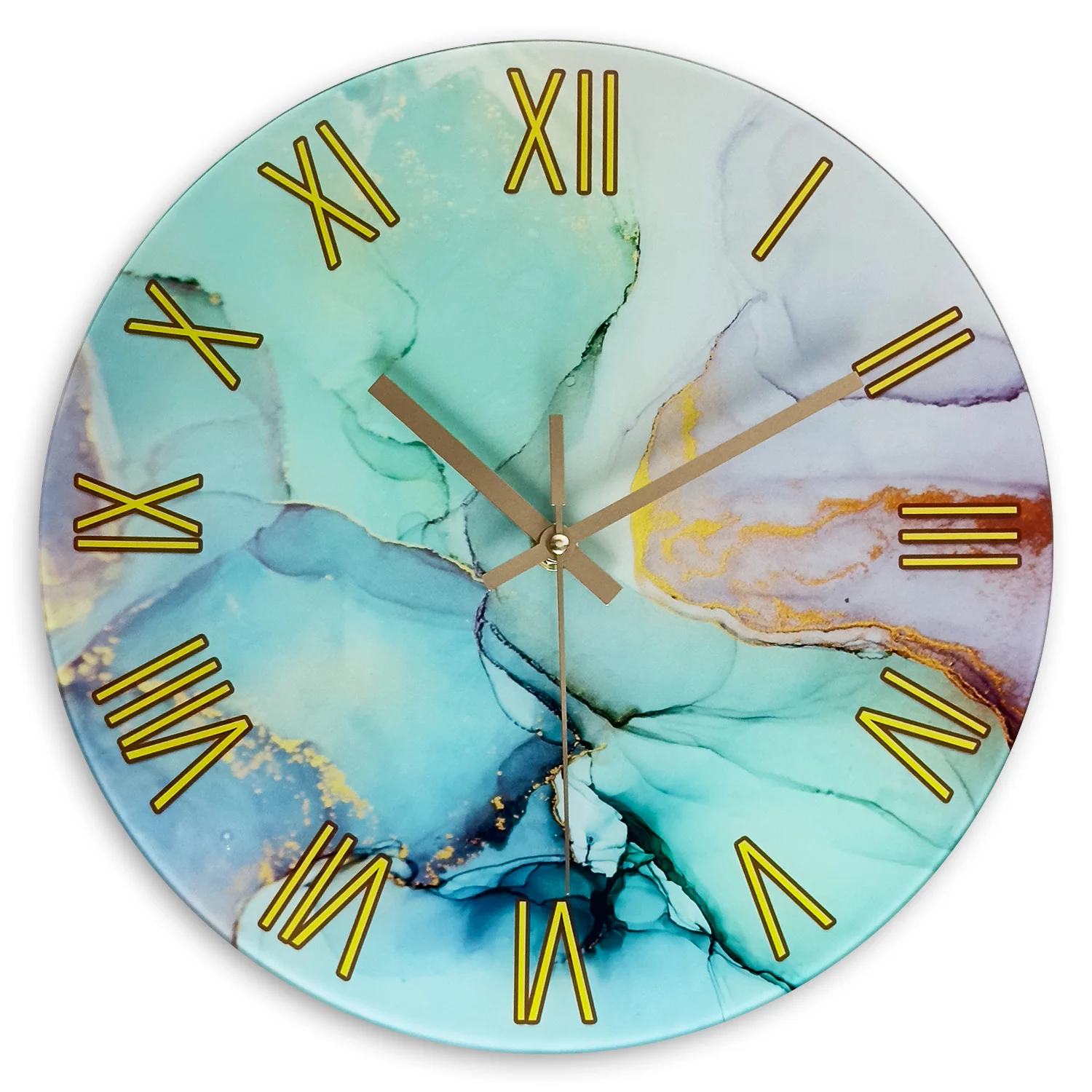 1pc 12 inch Wanduhr aus gehärtetem Glas, moderne einfache Farbe Marmor Textur Gold römische Ziffern Design Wanduhr, Home Mute Uhr