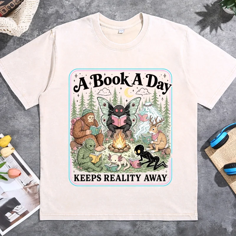 Cryptid Book Club T Shirt Men Women Vintage Washed Bigfoot Mothman Jackalope Graphic Tee Funny Book Lover Campfire Reading Gift