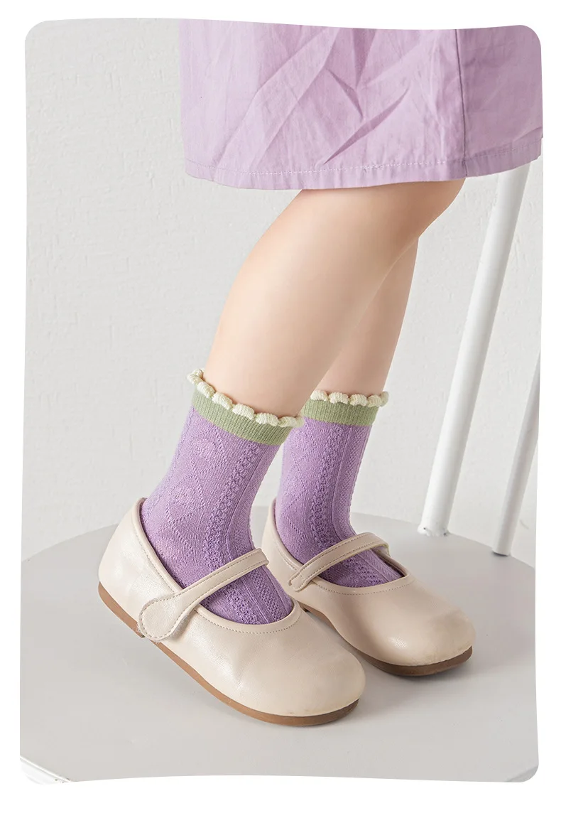 Mädchen-Baumwollsocken, Frühlings-Rüschensocken, lila Blumenmuster-Socken mit Schleife, 5 Paar, mittelhohe Socken, 1–12 Jahre, Baumwollsocken für Kinder. – Detail 10