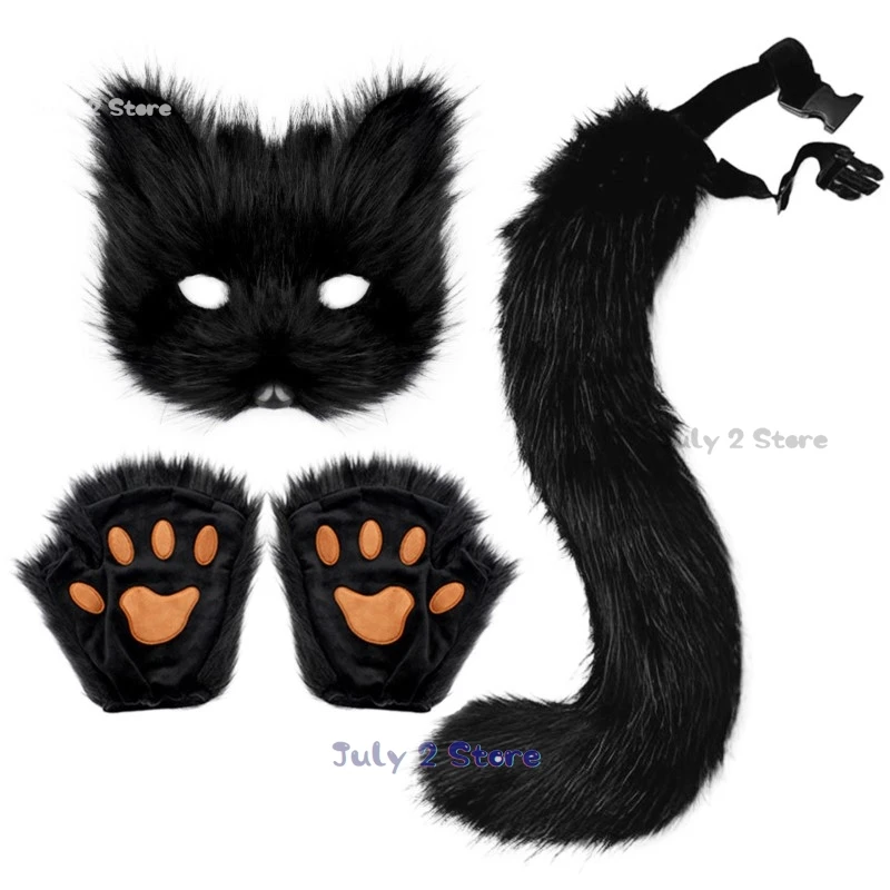 New Sexy Woman Cat Fox Cosplay Props Headband Tail Mask Headdress Plush Ears Tail Gloves Anime Lovely Lolita Cosplay Props Set