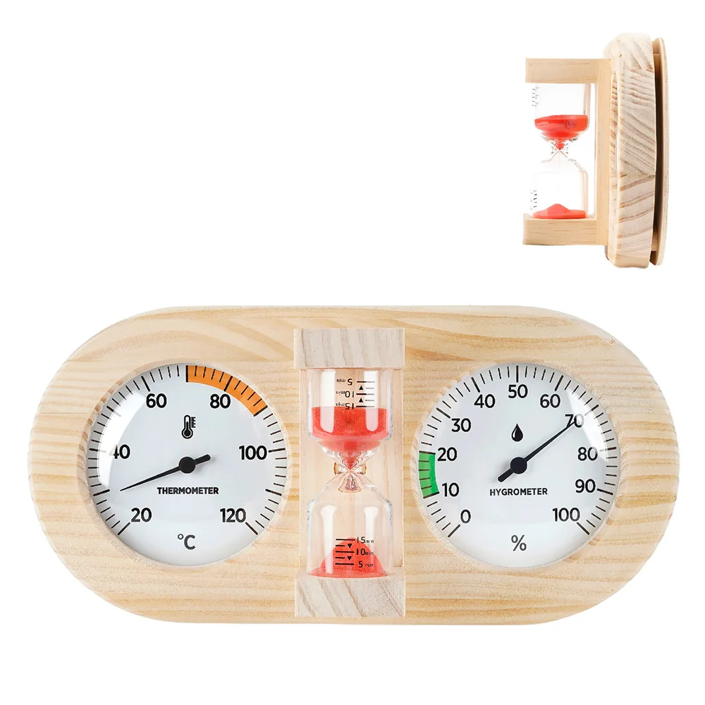 Pine Double Dial with Hourglass Wood Thermometer for High Temperature Sauna Room Wall-mounted Mechanical Steaming