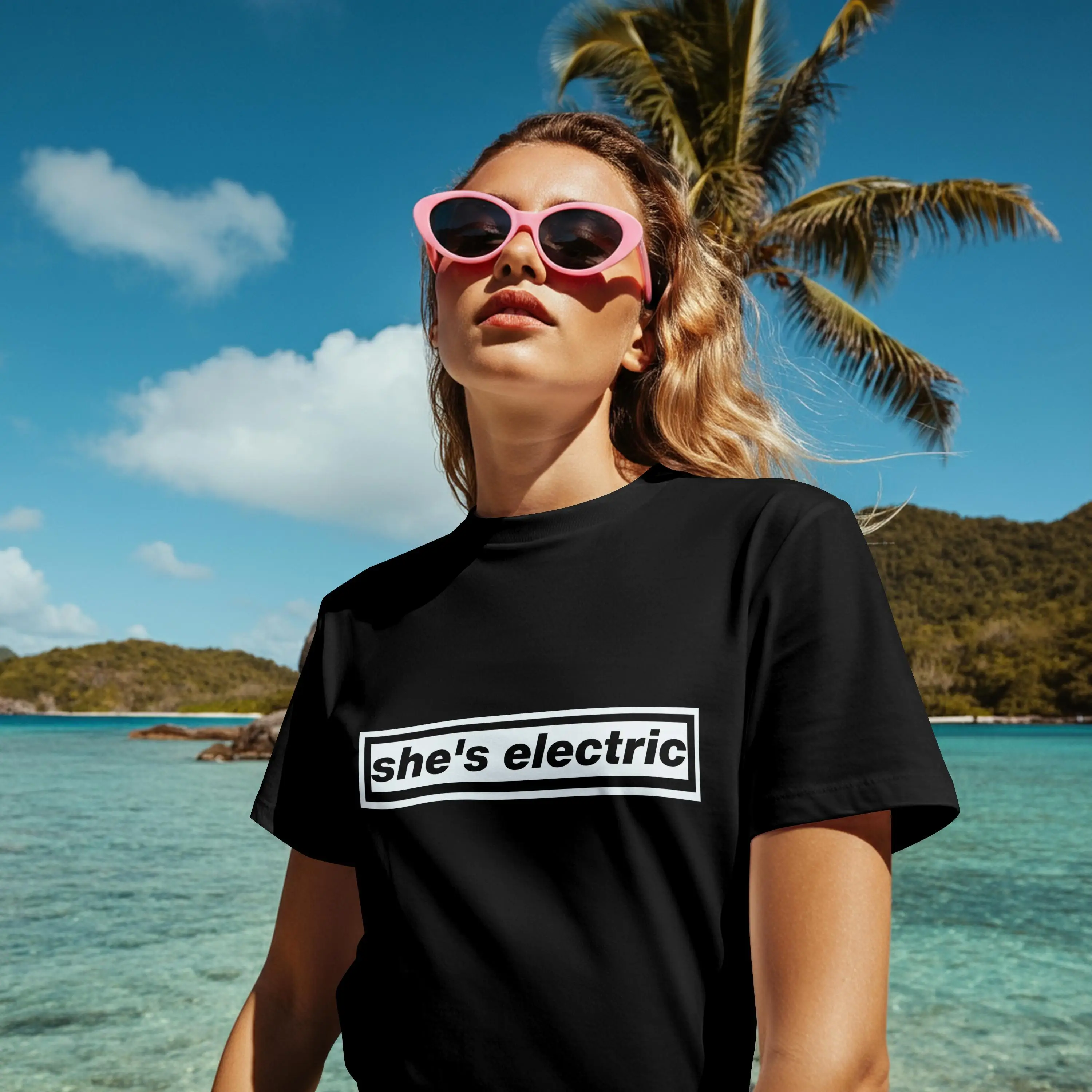 Black Short Sleeved T-shirt with White Box Letters 