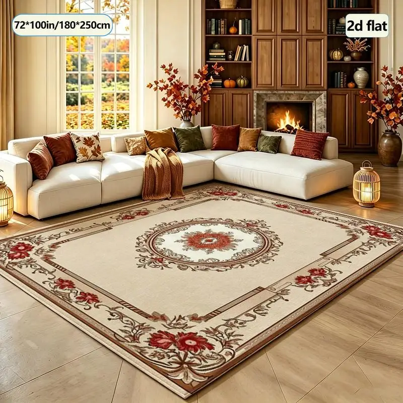 Beige Background Retro European Floral Pattern Carpet Classic Square Carpet Non-Slip Decorative Floor Mat Suitable for Home Interior Decoration
