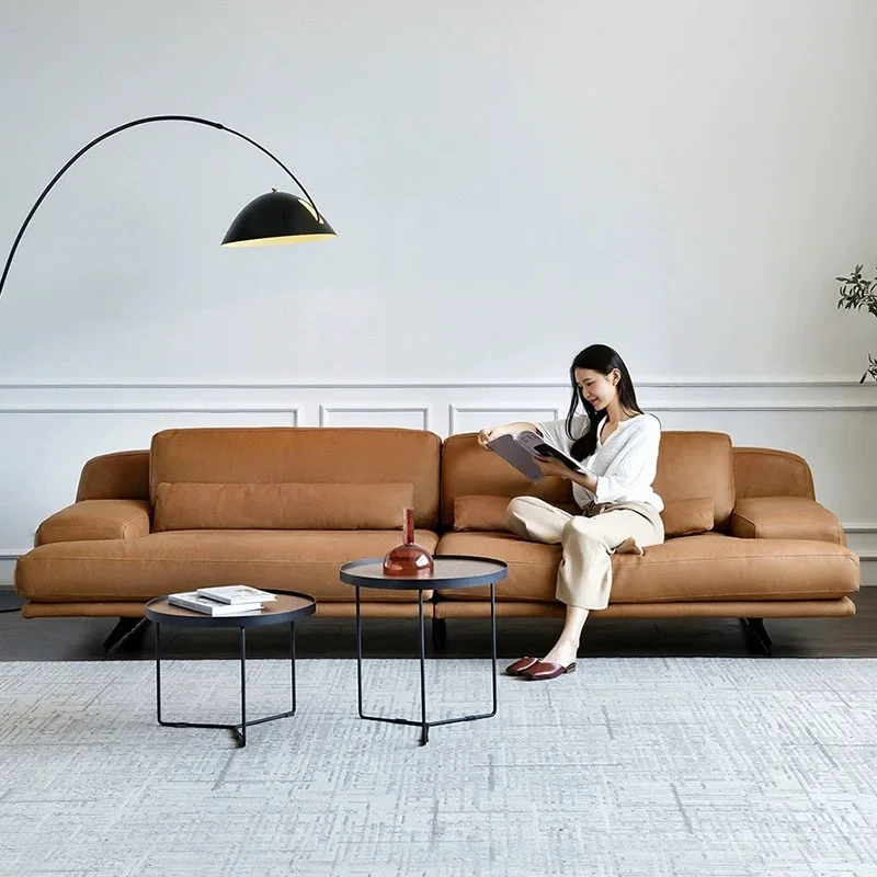 Nordic Italian minimalist and silent retro camel first layer cowhide straight row four people modern simple leather sofa