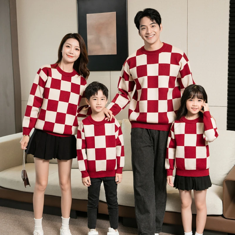 Christmas Plaid Sweater for The Whole Family Knit Tops Mum and Daughter Matching Knitwear Happy New Year Dad and Son Red Jumper