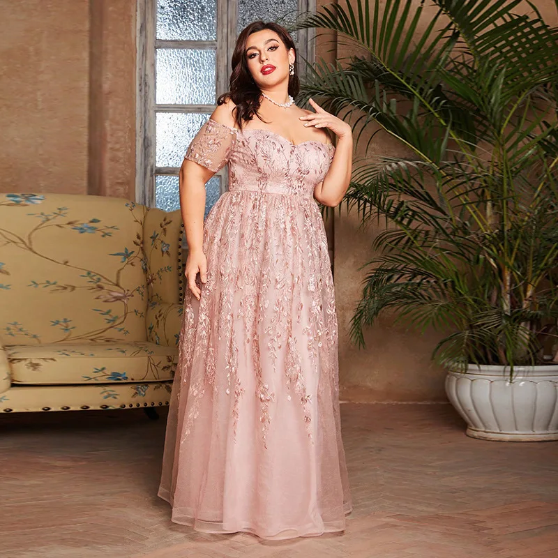 

Plus Size Sexy Off Shoulder Bridesmaid Banquet Off Shoulder Mesh Sequin Wedding Banquet Evening Gown Elegant Maxi Dress