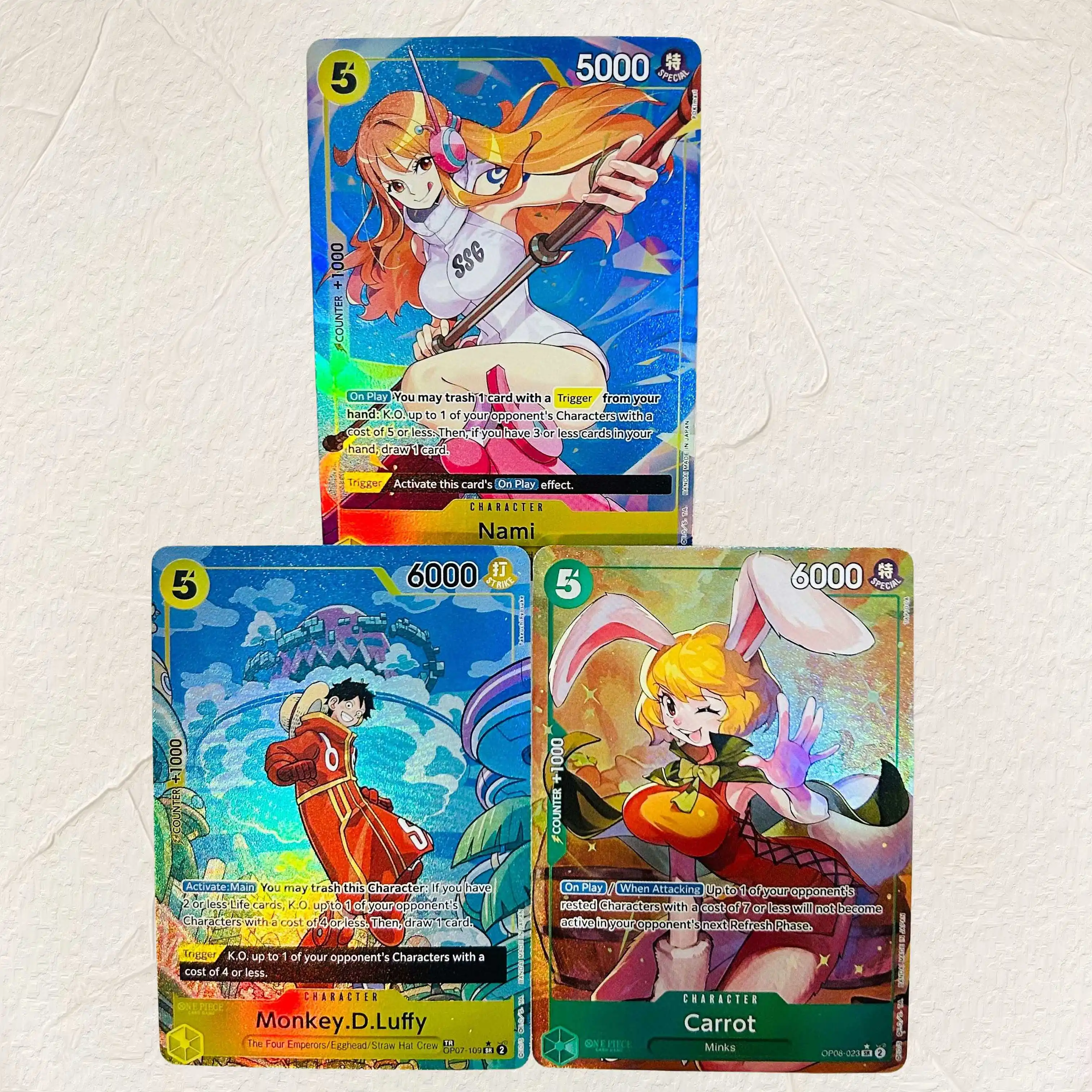 Tarjetas Coleccionables de One Piece, Nami, Luffy y Carrot, 3 Piezas, Textura Holográfica, Versión en Inglés, Grado Coleccionable, Anime Clásico, TCG