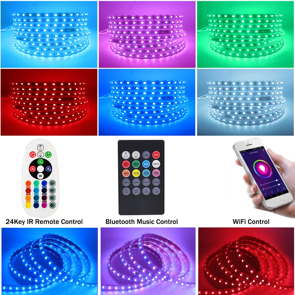 RGB LED Strip Light AC220V SMD5050 Flexible Waterproof LED Tape 60LEDs/m WiFi Bluetooth Control Ribbon for Home Holiday Decor EU