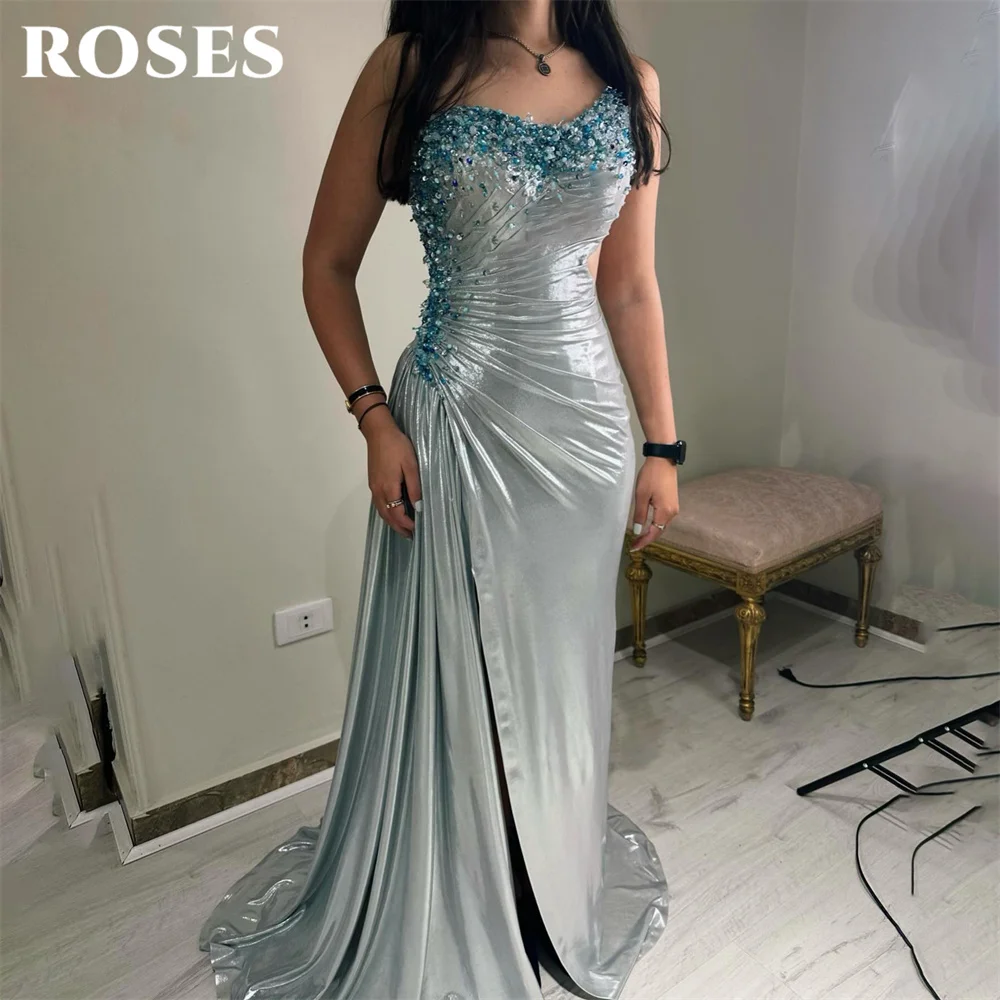 ROSES Sliver and Blue Prom Dresses Strapless Evening Dress Beading On Chest Party Dress Mermaid vestidos de fiesta Customized