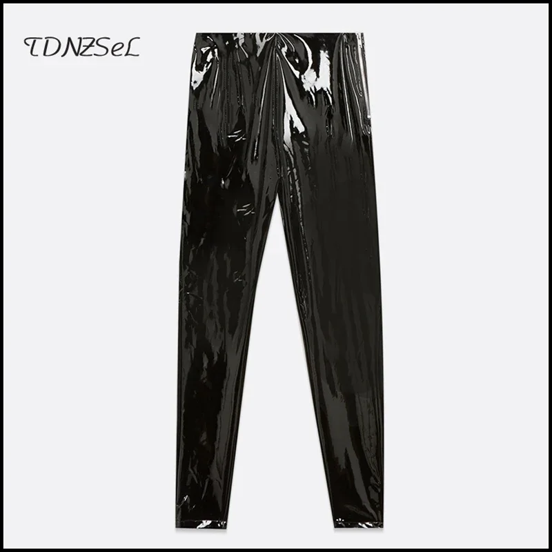 

Shiny Latex Leather Pants Women Sexy High Waist PU Leggings Stretch Ladies Black Slim Pencil Pants Zipper Trousers Spring Custom