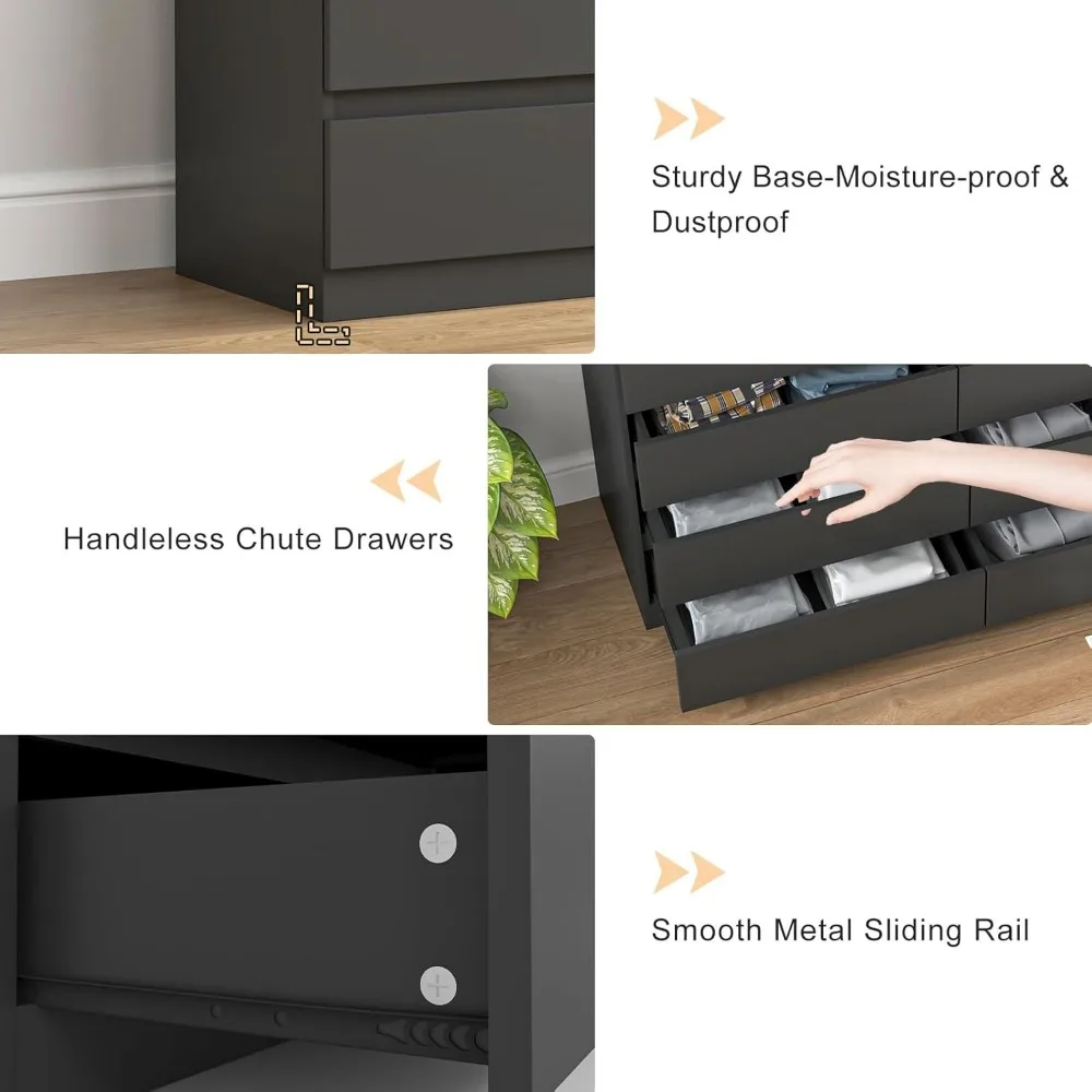 Vibe & Dine Cômoda dupla com 8 gavetas, cômoda moderna de madeira com amplo armazenamento para armário, quarto, sala de estar, preta