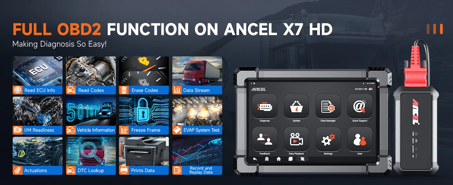 2026 Ancel X7 HD Trucks Professional Diagnostic Device Complete System OBD2 Scanner ECU Oil Reset Bi-directional for Iveco MAN