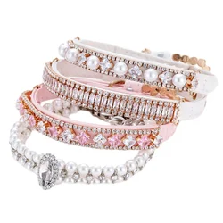 Adjustable Dog Cat Pearl Collar For Puppy Cat Strap Crystal Rhinestone Pearl Cat Necklace PU Leather Neck Strap Pet Accessories