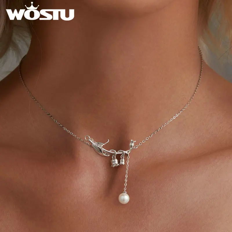 WOSTU Real 925 Sterling Silver lilia doliny naszyjnik kwiatowy perły kropla wisiorek kolczyki zestaw biżuteria na przyjęcie weselne prezent