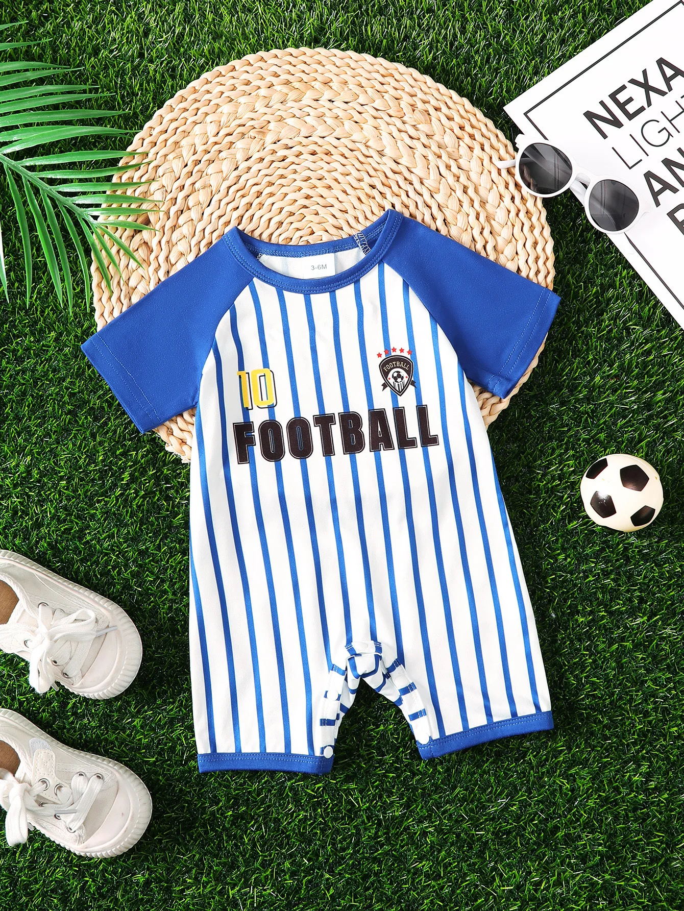 Baby Boy's Cute Sporty Style Blue and White Striped Football Romper, Short-Sleeve Raglan Sleeves, Football Print Baby Jumpsuit