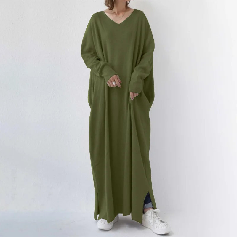 

V-neck Casual Dress Antumn Knitted Swing Loose Abaya Moroccan Kaftan A-Line Fashion Green Cotton Robe Women Outfits