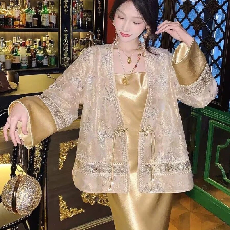 Women Luxury Glitters Embroidery Patchwork Imitation Silk Gold Coat , Woman Spring Fall Chinese Tang Costume Sequined Coats