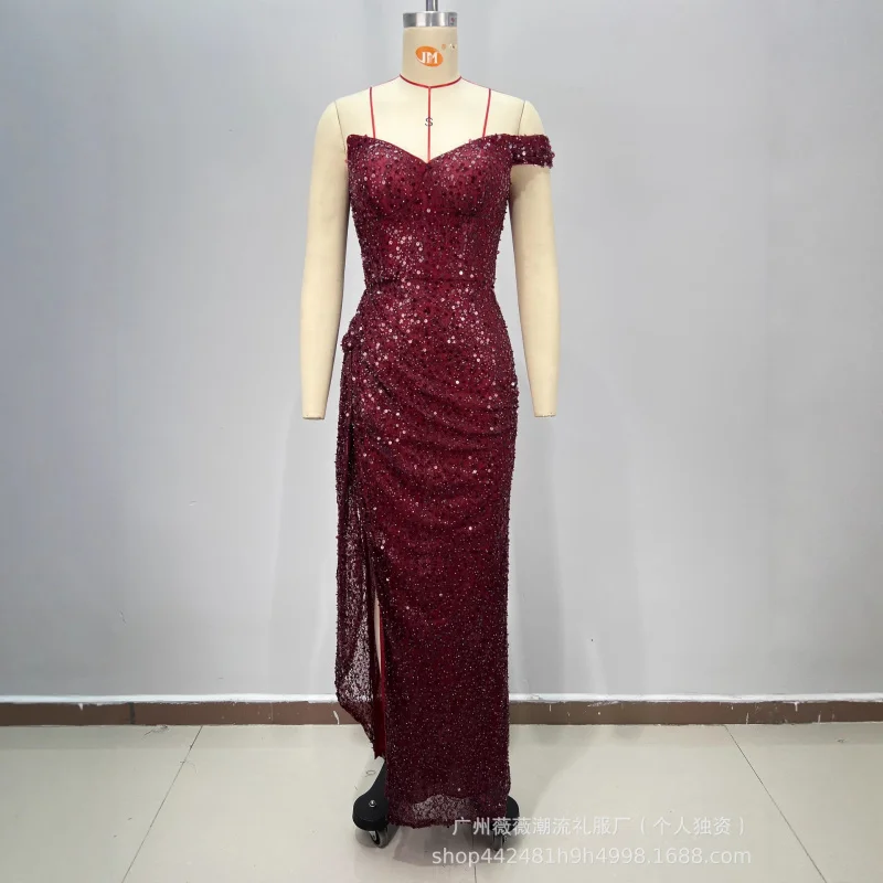 

New Arrival Women's Dress Red Off-Shoulder Sexy Lace Sequin Bodycon Runway Evening Party Gown