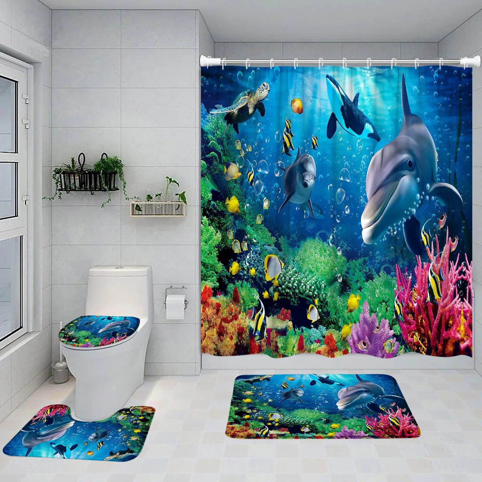 Funny Dolphin Shower Curtain Set Cute Ocean Animals Coral Underwater Scenery Bathroom Decor Non-slip Rug Bath Mats Toilet Cover