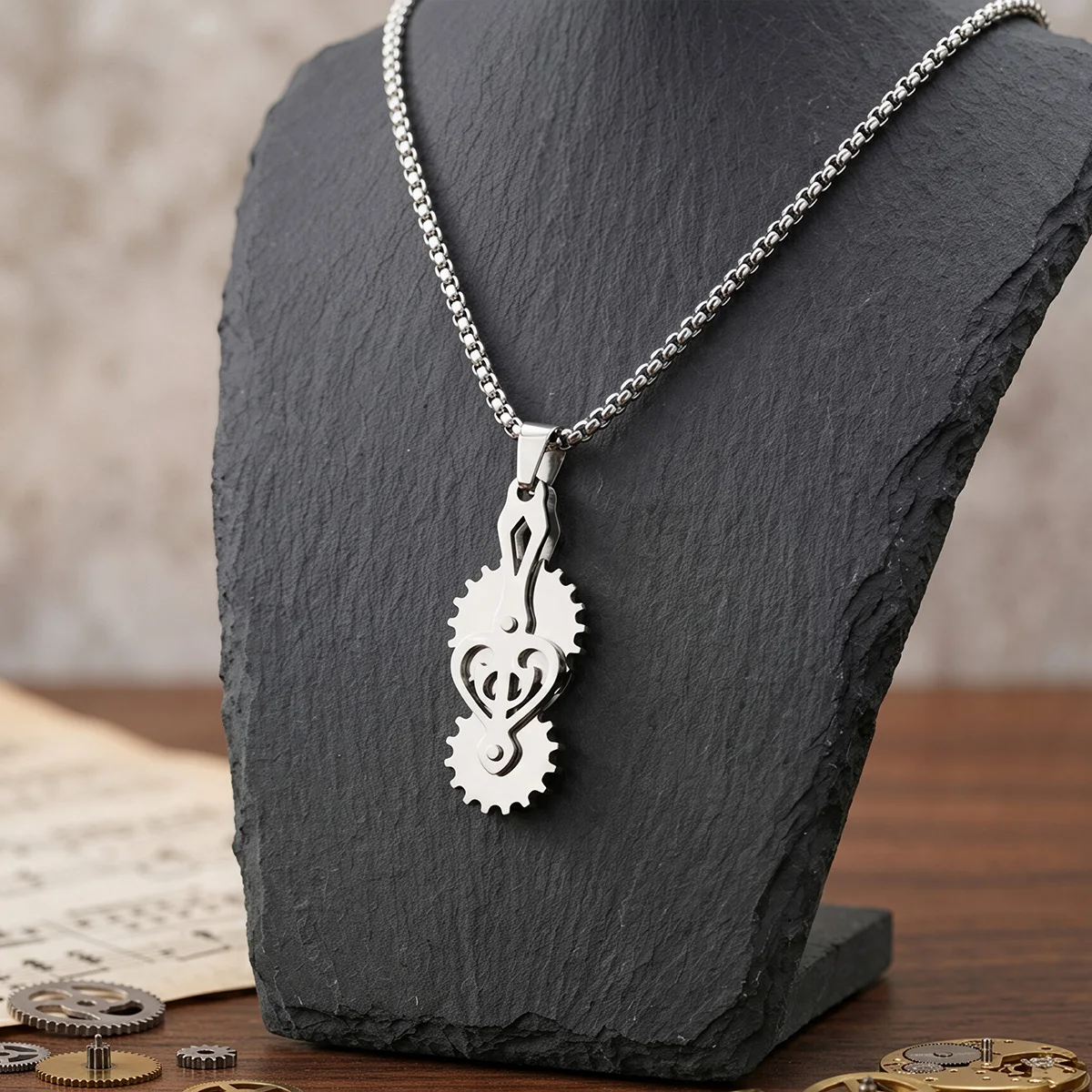 ：Todorova Polished Stainless Steel Gear Heart Charm Necklace For Men Steampunk Vintage Street Daily Jewelry Gift
