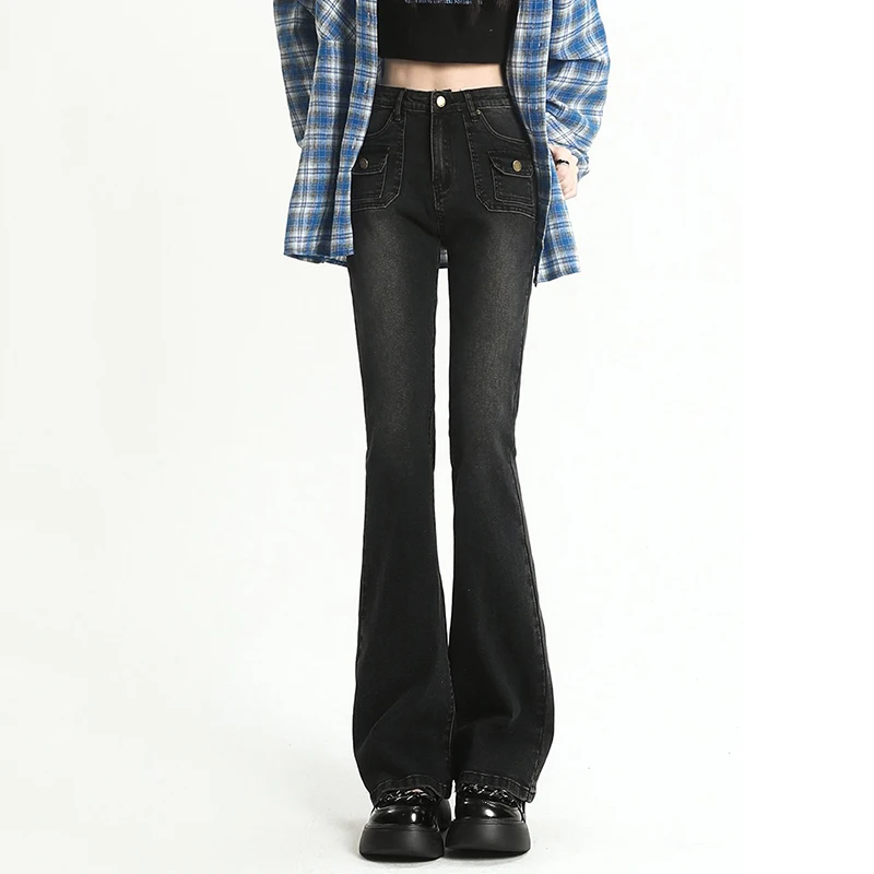 Women Streetwear High Waist Flare Jeans Spring Fall Korean Design Retro Bell-bottoms Vaqueros Skinny Stretch Korean Denim Pant