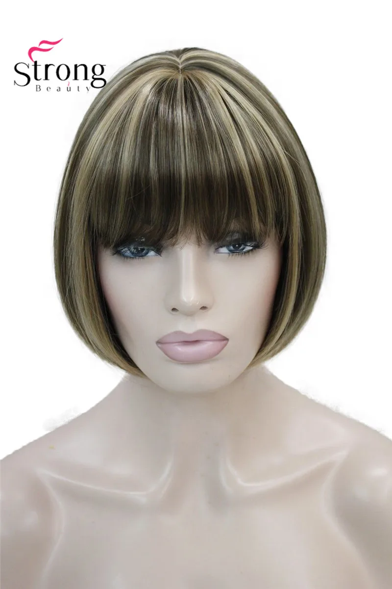 StrongBeauty Llight Brown with Ginger Hilight mix Women' Short Bob Straight full Synthetic Wig For Everyday