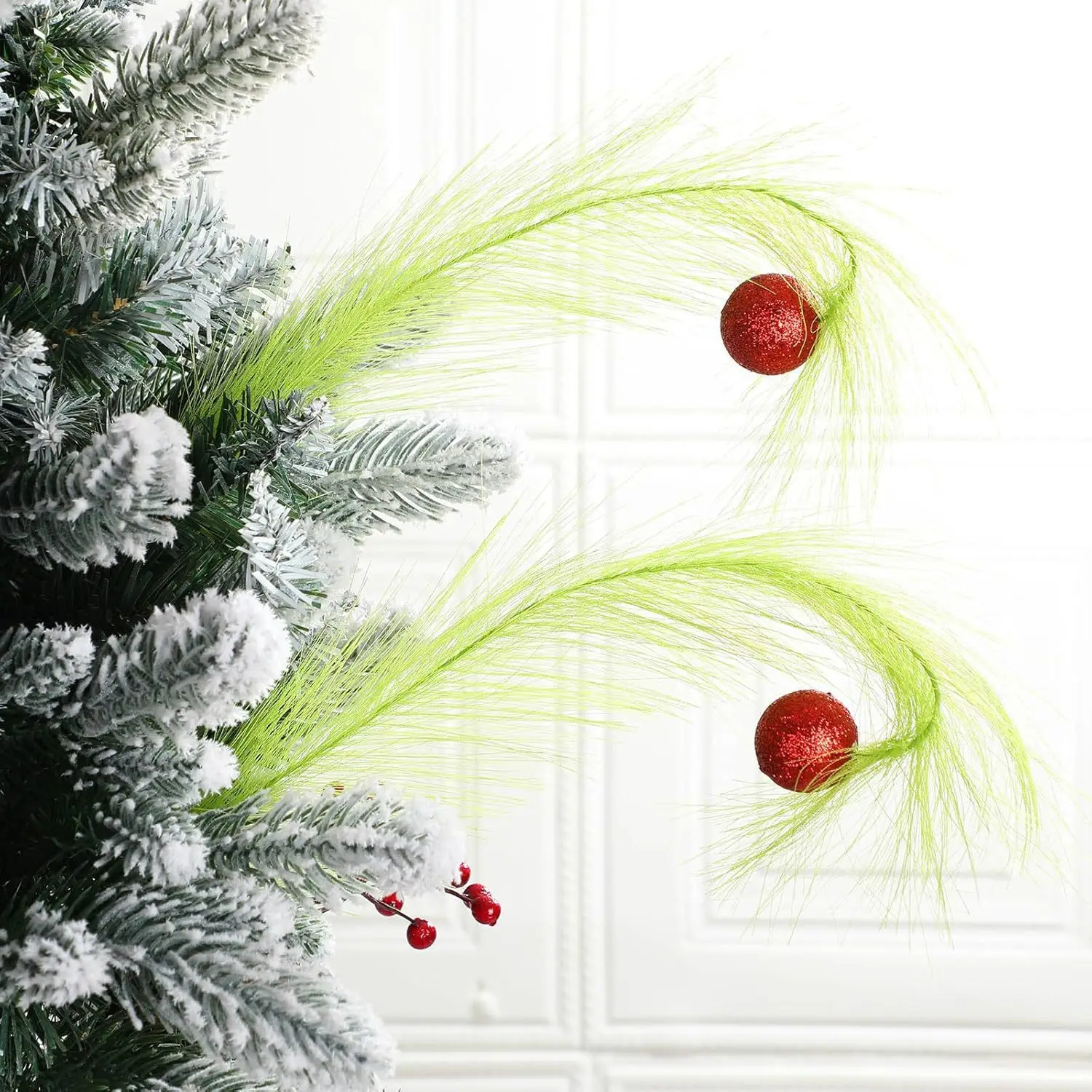 Christmas Branches Elf Decoration Festive Atmosphere Tree Pendent Craft DIY Accessories Green Branch with Red Ball Merry Holiday