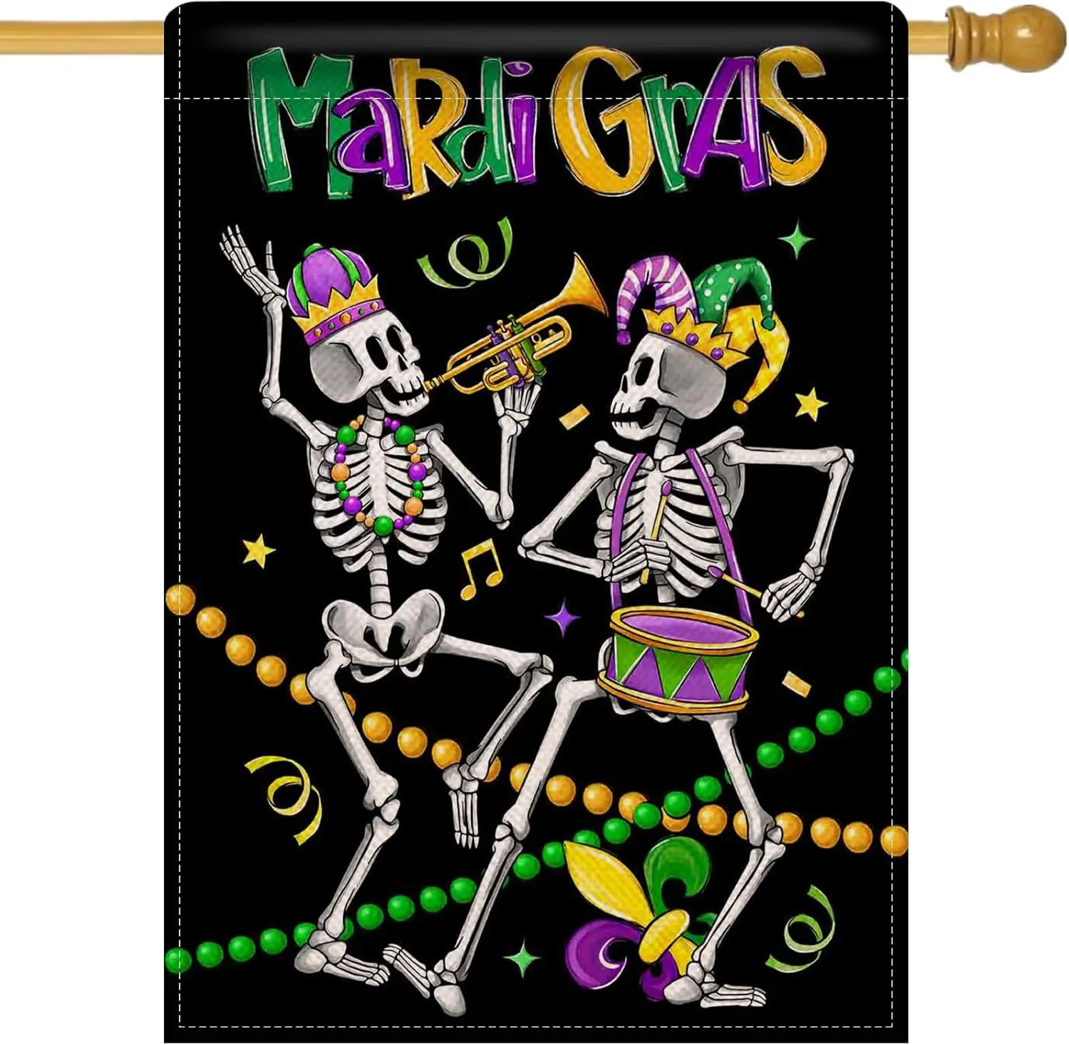Artofy Mardi Gras Gothic Skeleton Large Decorative House Flag, Skull Beads Fleur De Lis New Orleans Carnival Yard Garden Out ZZM
