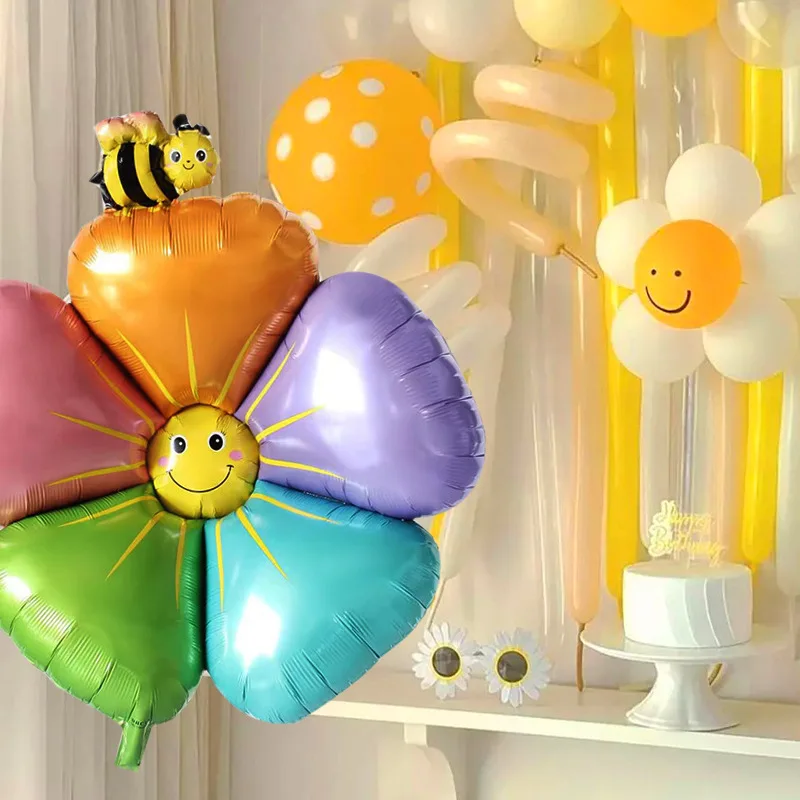 Ballon coloré en film d'aluminium AndrAluminum, visage souriant, équation, cinq pétales de fleurs, caron de cheval, fleur de soleil, fête d'anniversaire, pique-nique, camping, nouveau, détruire