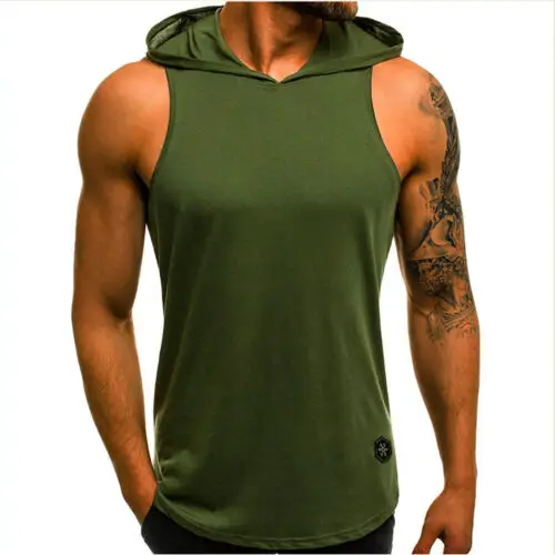 สีทึบลำลองชายกล้ามเนื้อ Gym Hoodie Tank Top หลวมผ้าฝ้ายเพาะกายเสื้อแขนกุด Hooded Men เสื้อยืด