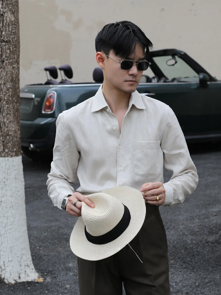 

Elegant Italian Style Linen Shirt Breathable Casual Holiday British Fashion Slim Fit Linen Top for Men Urban Fashion All Seasons