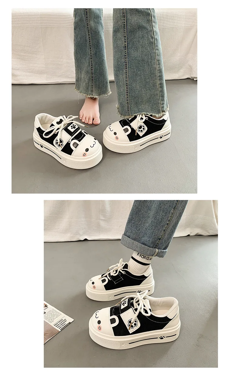 Kuschelige Katzenpfoten-Canvas-Schuhe, Schnür-Sneaker mit Kätzchen-Patchwork für Damen, Plateau-Schuhe aus Kunstleder, Lolita-Chunky-Trainer – Detail 4