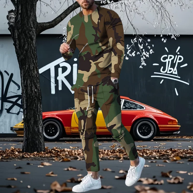 

2025 весенне-осенний модный охотничий камуфляжный мужской костюм с длинными рукавами и принтом для взрослых, повседневный повседневный уличный спортивный костюм