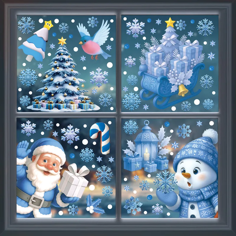 Santa Claus Stickers Blue Snowman Window Decorations Glass Static Stickers Christmas Decorations Snowflake Stickers