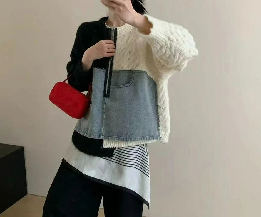 

Autumn Winter Knitted New Sweater Coat for Women 2025 Denim Patchwork Design Knitted Sweater Color-Block Top