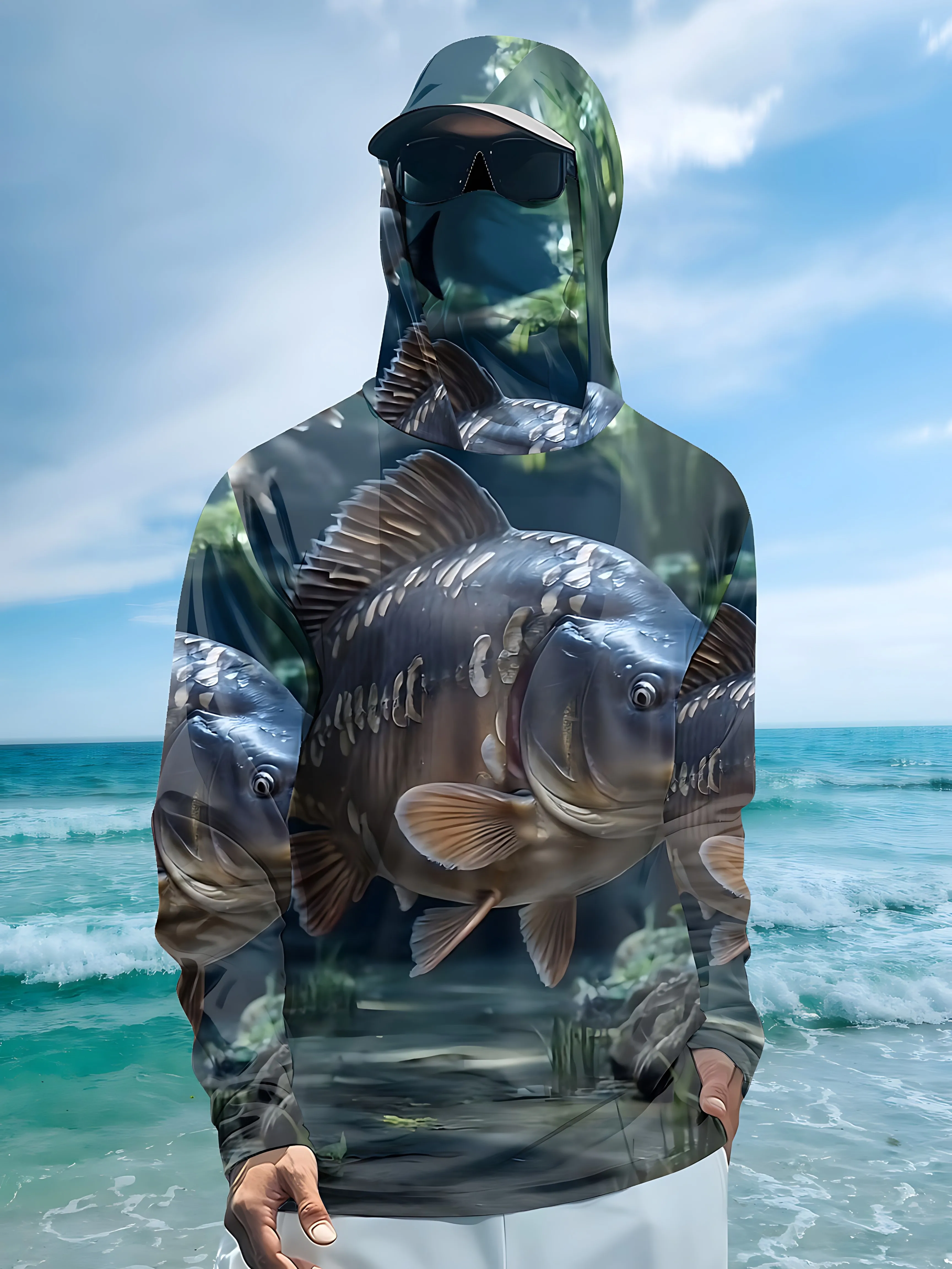 Men's long-sleeved T-shirt with sun protection hooded jacket protective mask one-piece outdoor long-sleeved top